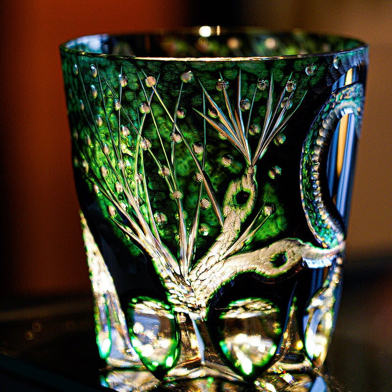 Edo Kiriko Whiskey Glass Green Serpent – Hand-Cut Japanese Crystal