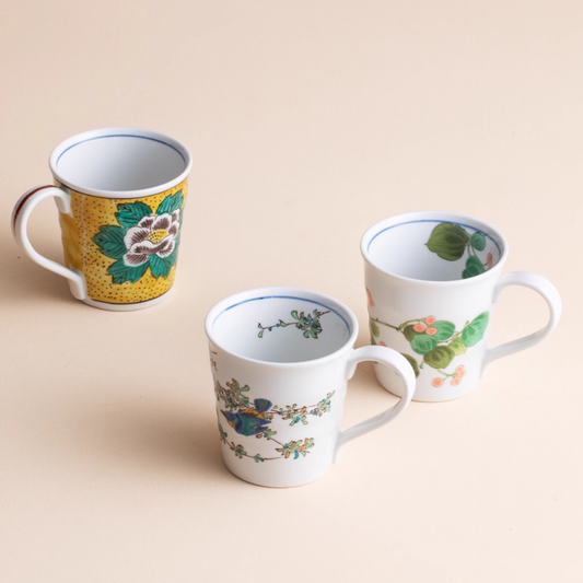 Japanese Ceramic Mug – Kutaniyaki Floral Bird Swallow Forest