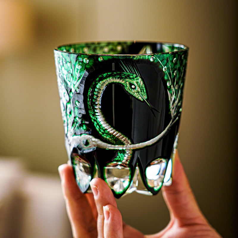 Edo Kiriko Whiskey Glass Green Serpent – Hand-Cut Japanese Crystal