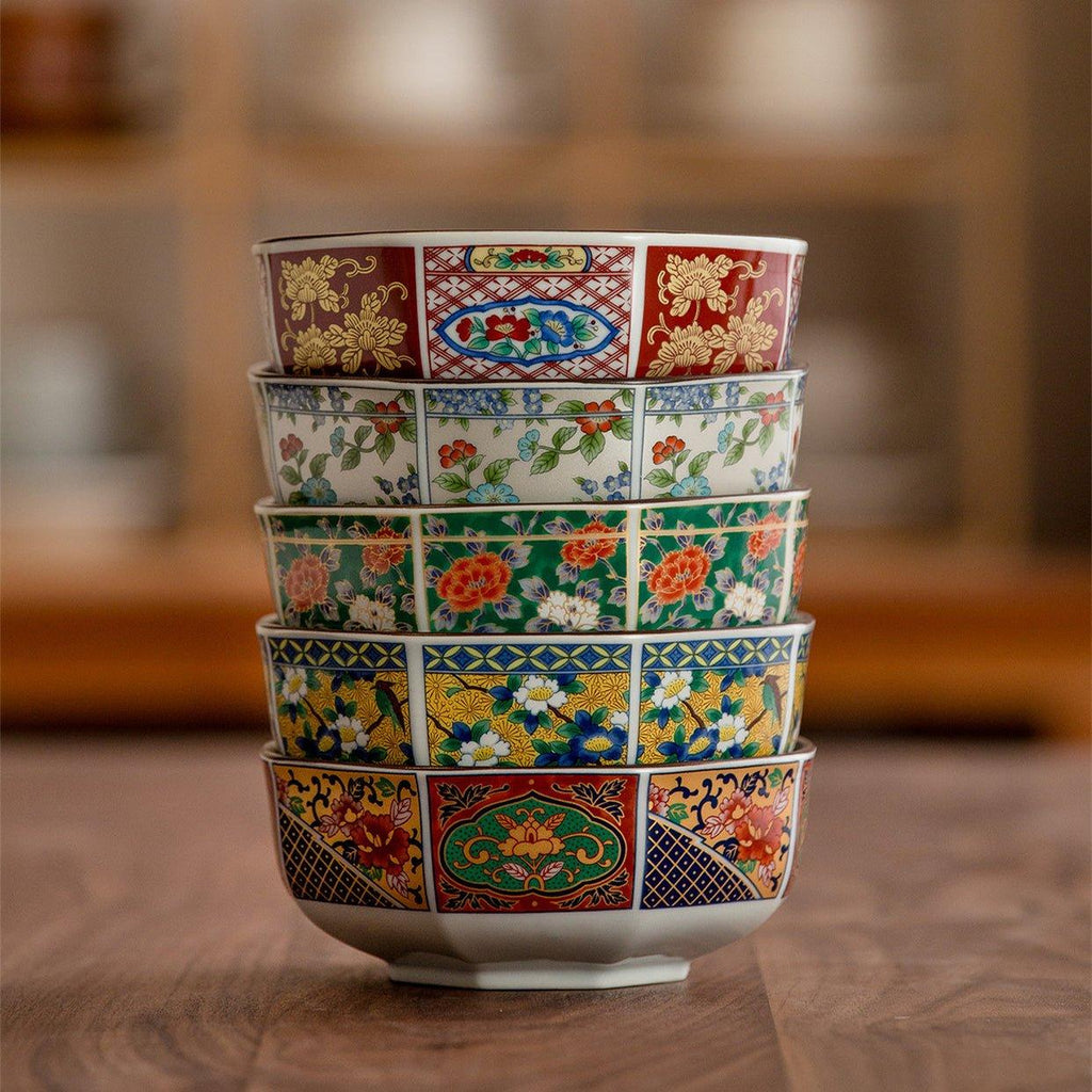 Bowl Set of 5 | Japanese Mino Ware Octagonal Court Brocade Ceramic Bowls