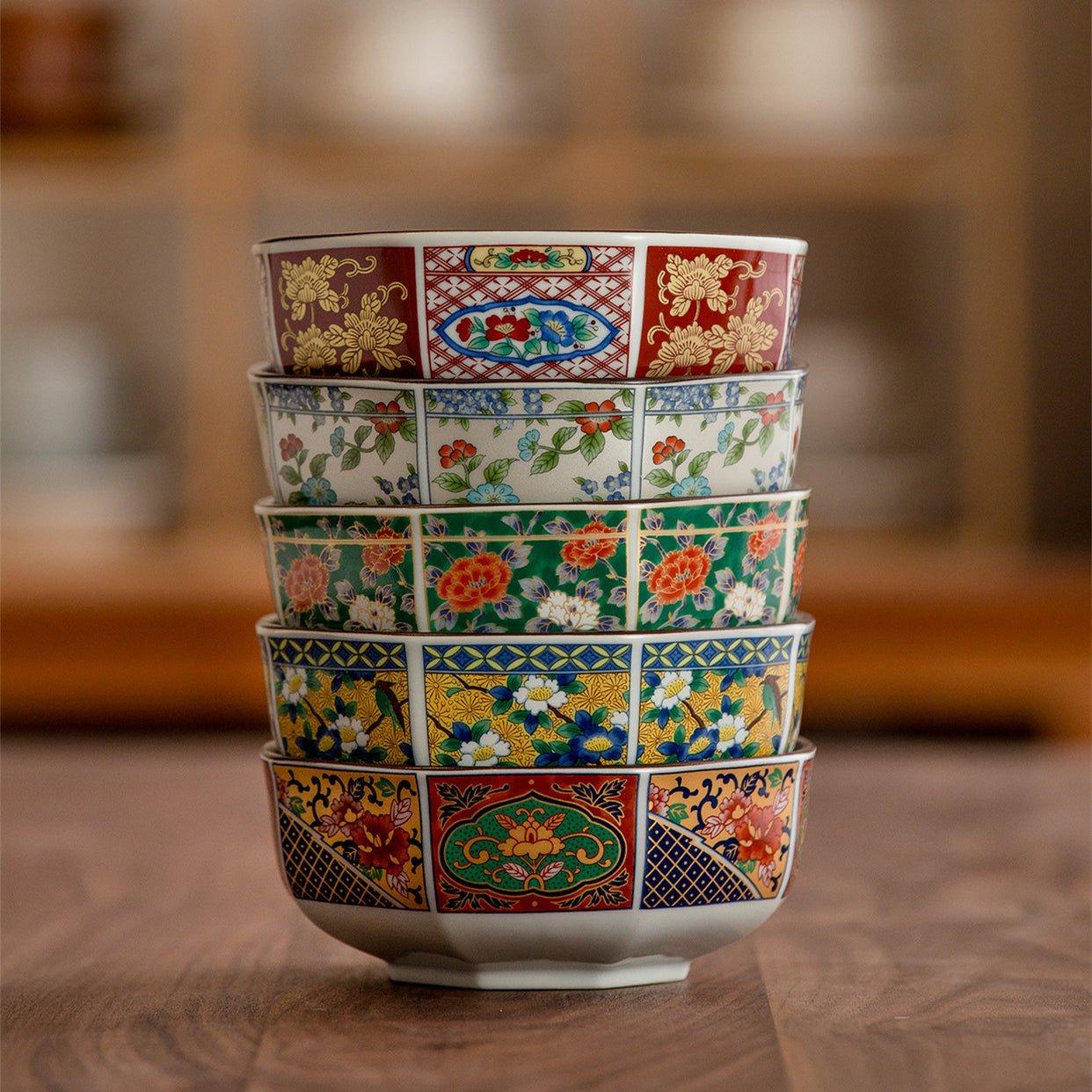 Bowl Set of 5 | Japanese Mino Ware Octagonal Court Brocade Ceramic Bowls