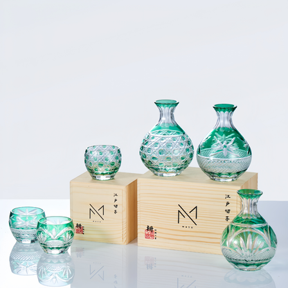 Sake Glass Set Midori Green | Edo Kiriko Hand-Cut Japanese Crystal Drinkware Collection