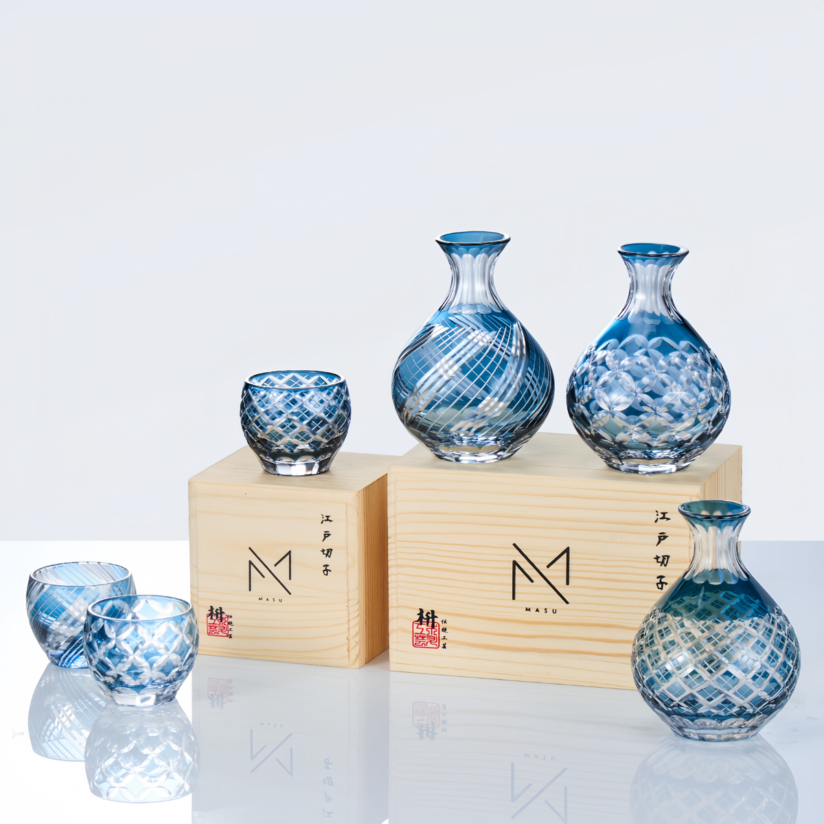 Sake Glass Set Edo Kiriko Ao Collection – Hand-Cut Sky Blue Japanese Sake Flagon & Glass | 3 Patterns