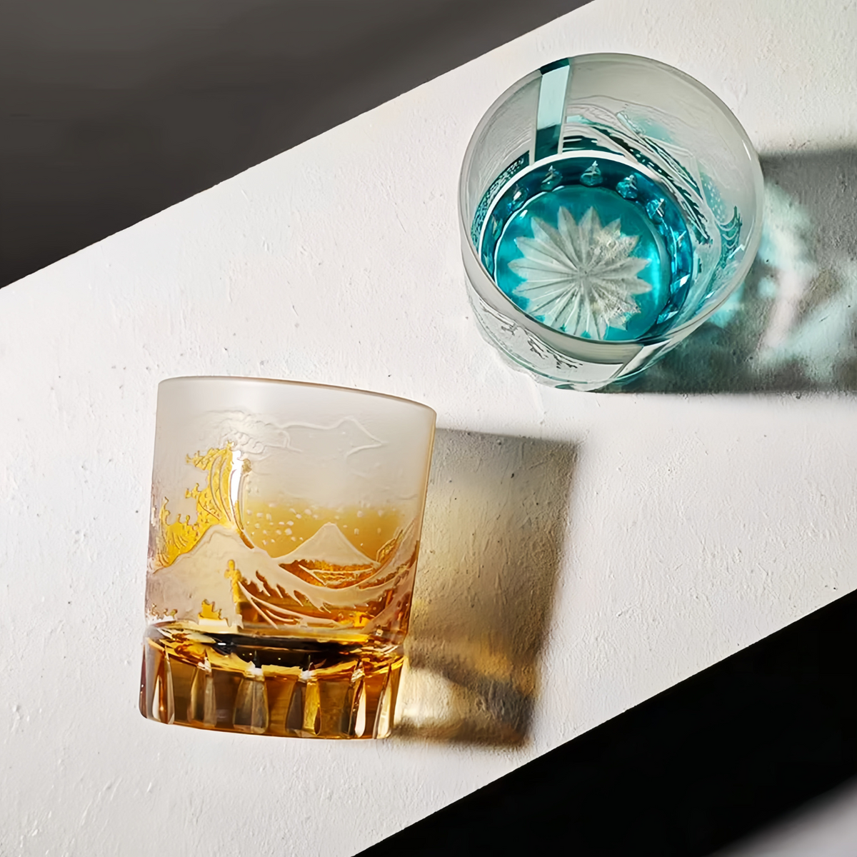 Whiskey Glass Edo Kiriko Fuji Wave | Hokusai Crystal Hand-Cut Art