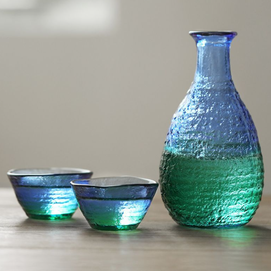 Sake Set | Handcrafted Glass Sake Set with Bottle & 2 Cups