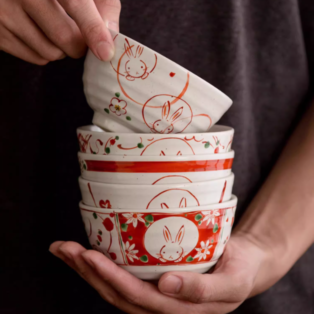 Japanese Ceramic Bowl Set of 5 – Mino Ware Rabbit Design