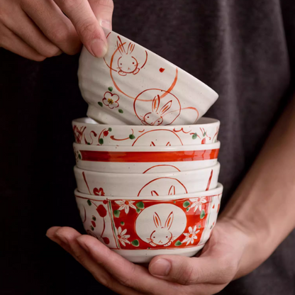 Japanese Ceramic Bowl Set of 5 – Mino Ware Rabbit Design