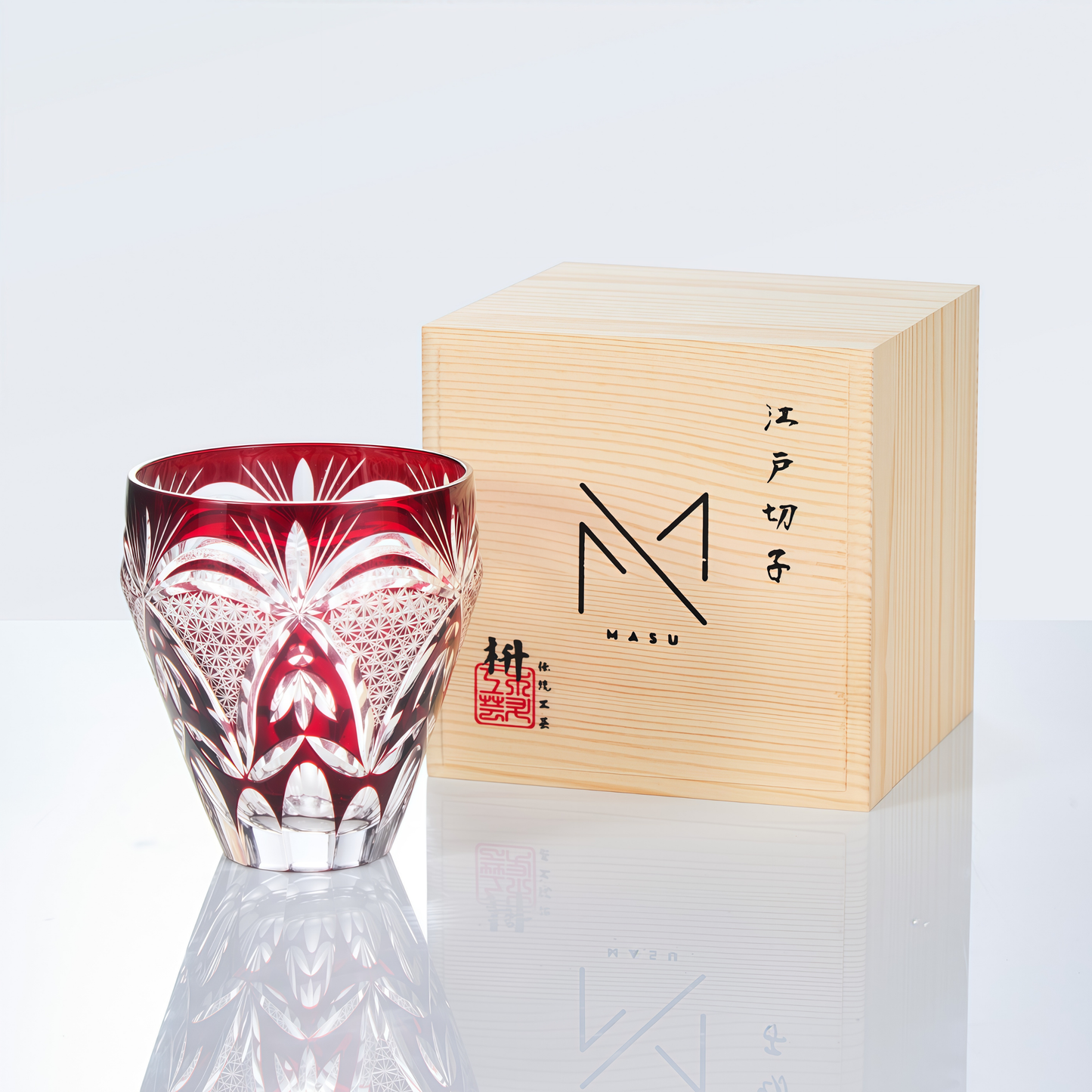 Kiriko Whiskey Glass Edo Kohaku Sakura Chrysanthemum Hand-Cut Crystal | Red Grey Japanese Glassware