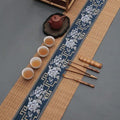 Bamboo Tea Table Mat Blue Satin Embroidery 3 Sizes Rollable