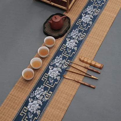 Bamboo Tea Table Mat Blue Satin Embroidery 3 Sizes Rollable