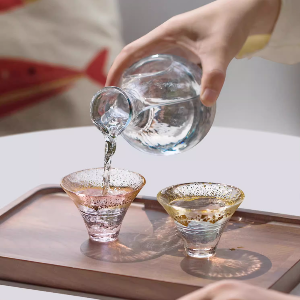 Sake Cup Set – Mt. Fuji Gold Leaf Kinka & Sakura Glass Pair