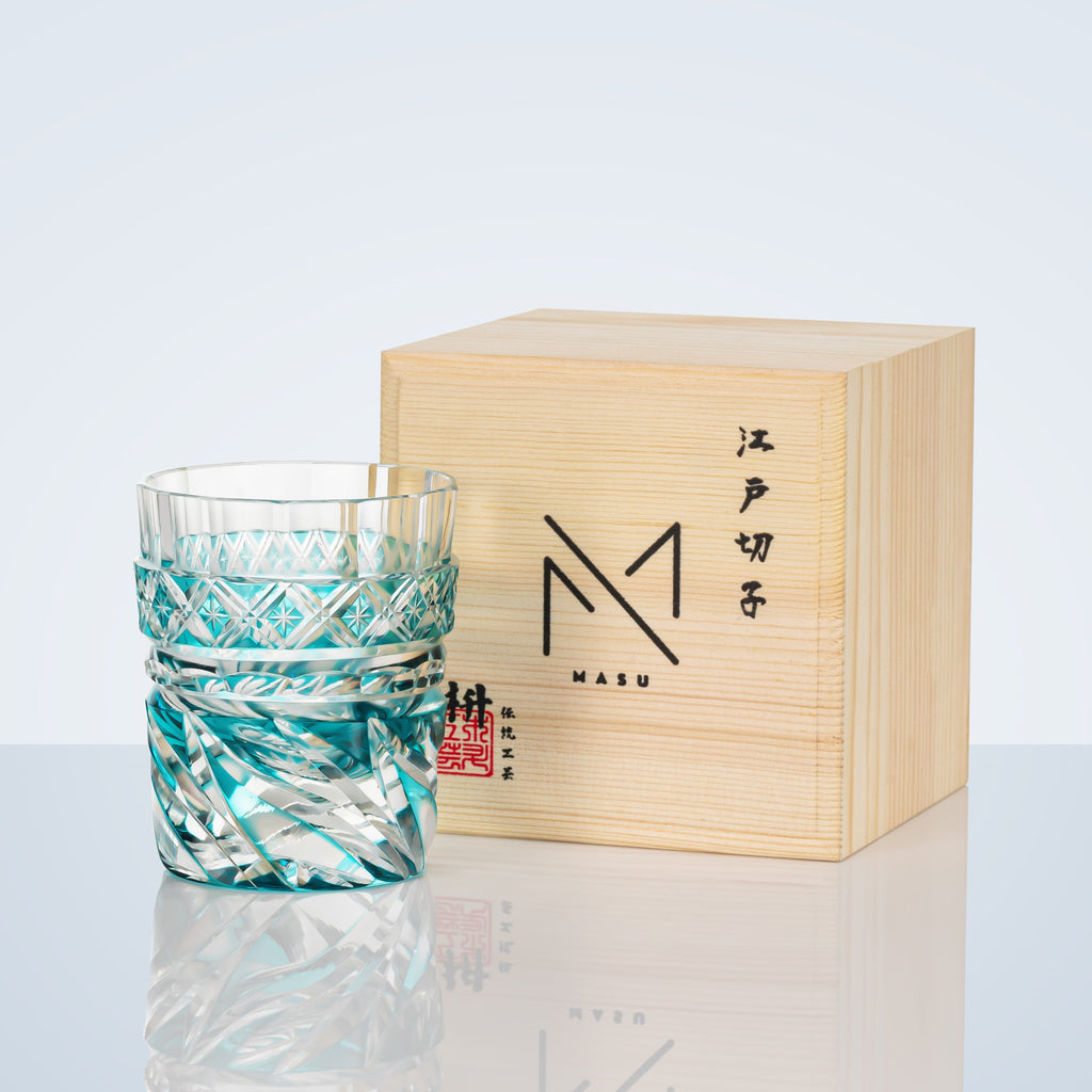 Whiskey Glass Edo Kiriko Aozora Kaze – Hand-Cut Azure Blue Japanese Tumbler with Wooden Box