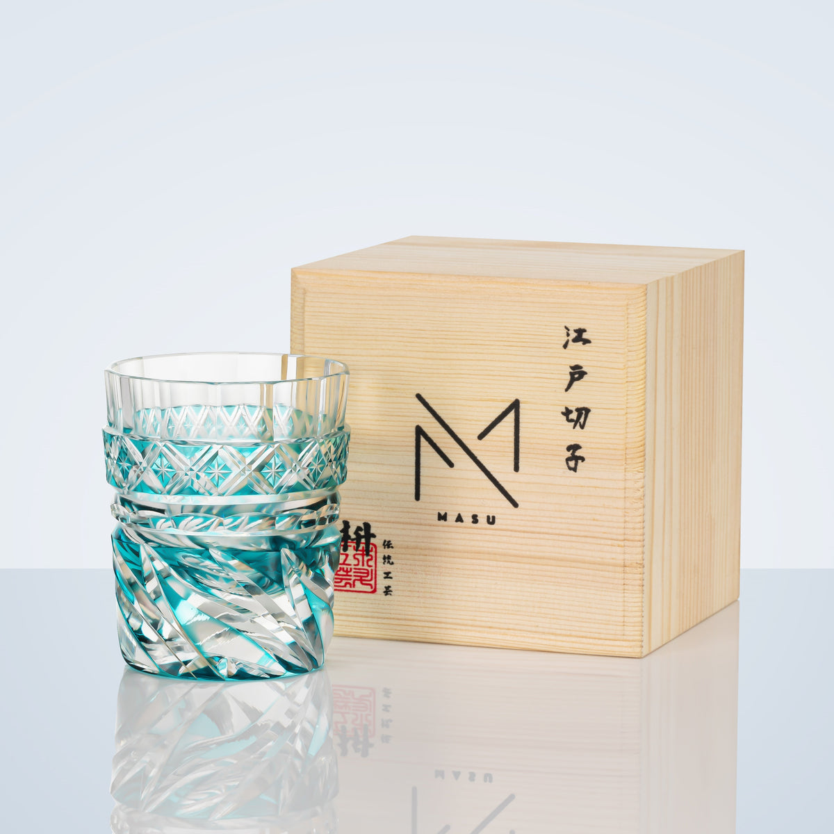 Whiskey Glass Edo Kiriko Aozora Kaze – Hand-Cut Azure Blue Japanese Tumbler with Wooden Box