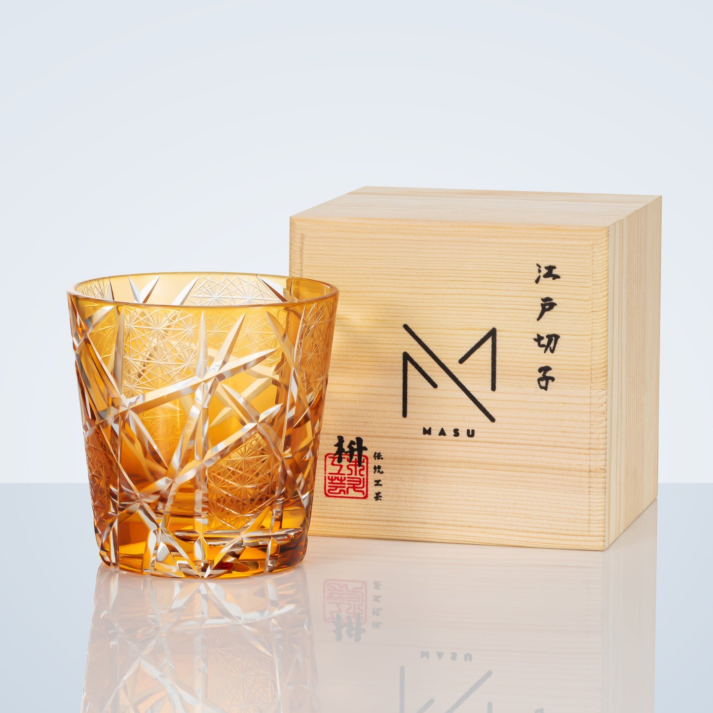 Whiskey Glass Edo Kiriko Amber Crane Lightning – Hand-Cut Japanese Tumbler with Wooden Box