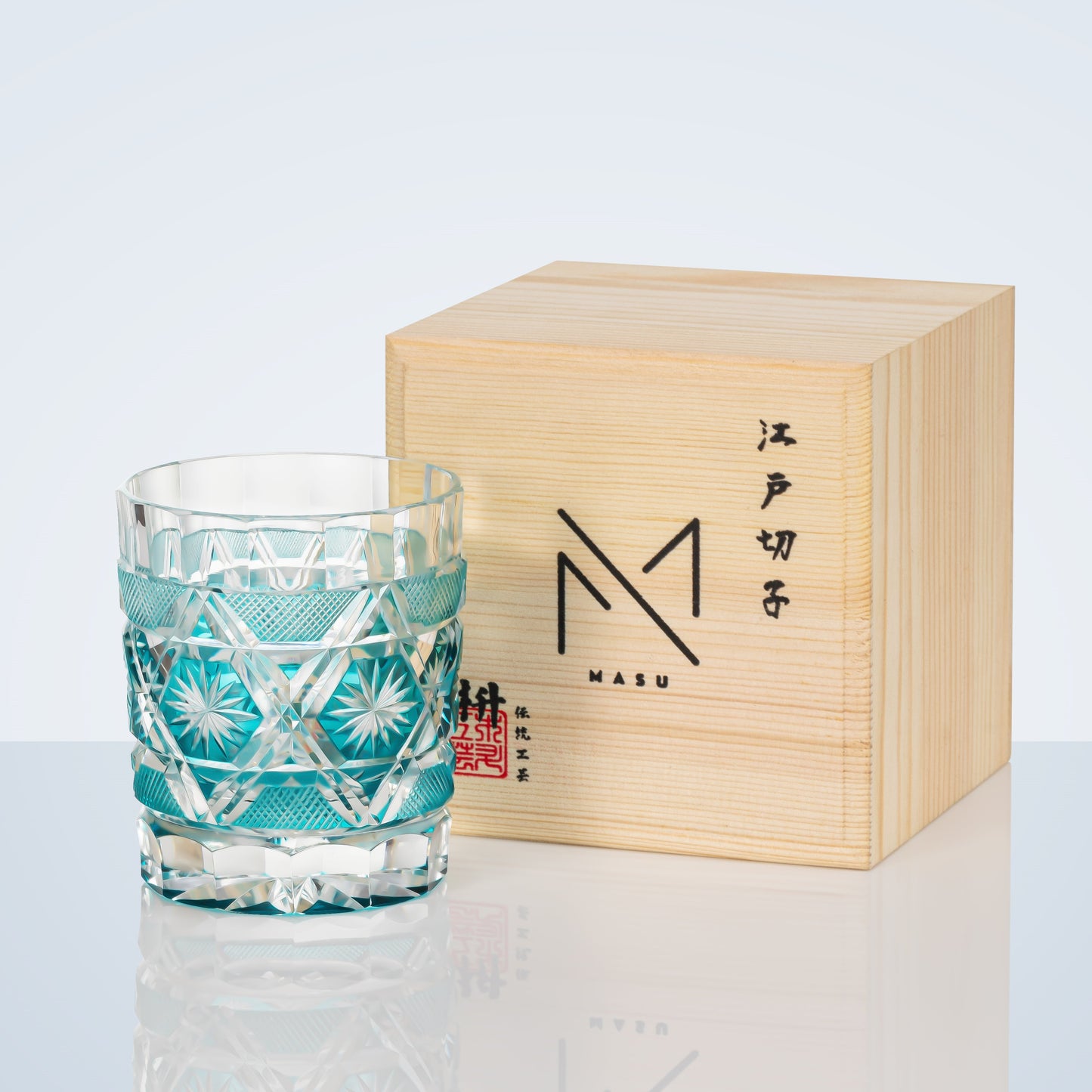 Cut Crystal Whiskey Glass Edo Kiriko Kiku Suji Chrysanthemum | Japanese Artisan Turquoise Glassware