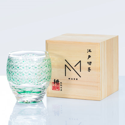Whiskey Glass Edo Kiriko Celestial Green Starburst – Hand-Cut Chrysanthemum Japanese Tumbler with Wooden Box