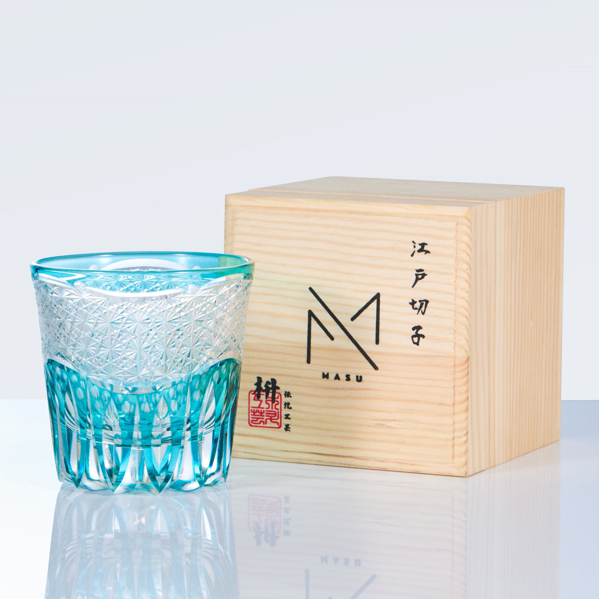 Whiskey Glass Edo Kiriko Aokiku Blue Chrysanthemum – Hand-Cut Kiku Tsunagi Japanese Tumbler with Wooden Box