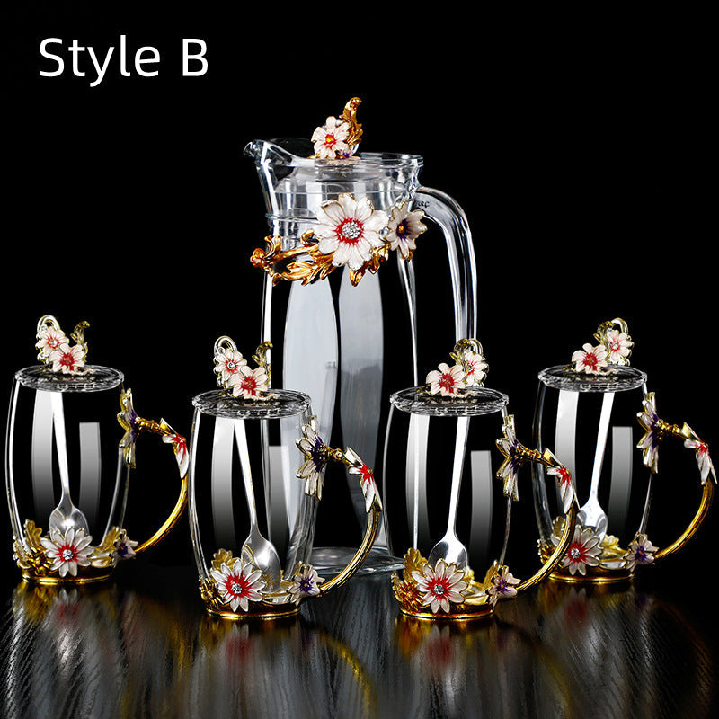Glass Tea Cup Gift Set – Metallic Floral 4 Cups Jug Spoons
