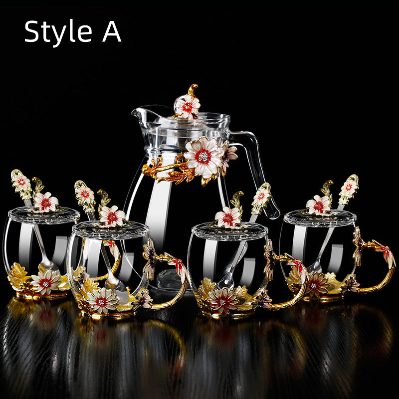 Glass Tea Cup Gift Set – Metallic Floral 4 Cups Jug Spoons