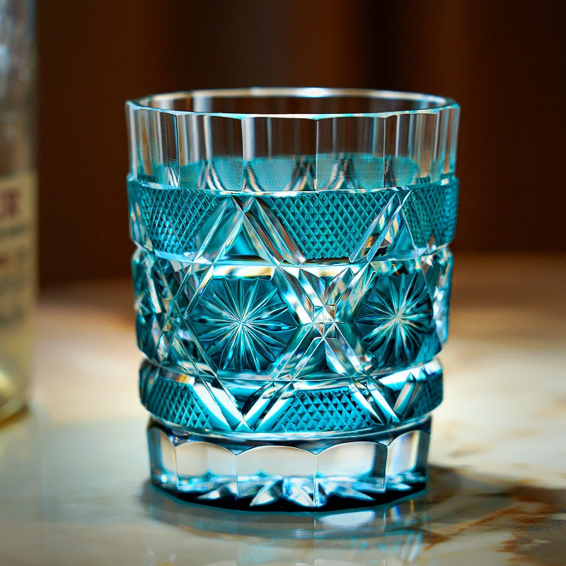 Cut Crystal Whiskey Glass Edo Kiriko Kiku Suji Chrysanthemum | Japanese Artisan Turquoise Glassware