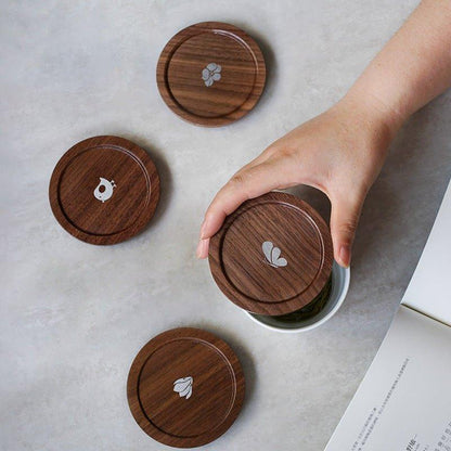 Japanese Walnut Wood Tea Cup Lid – Plum Butterfly Orchid Bird