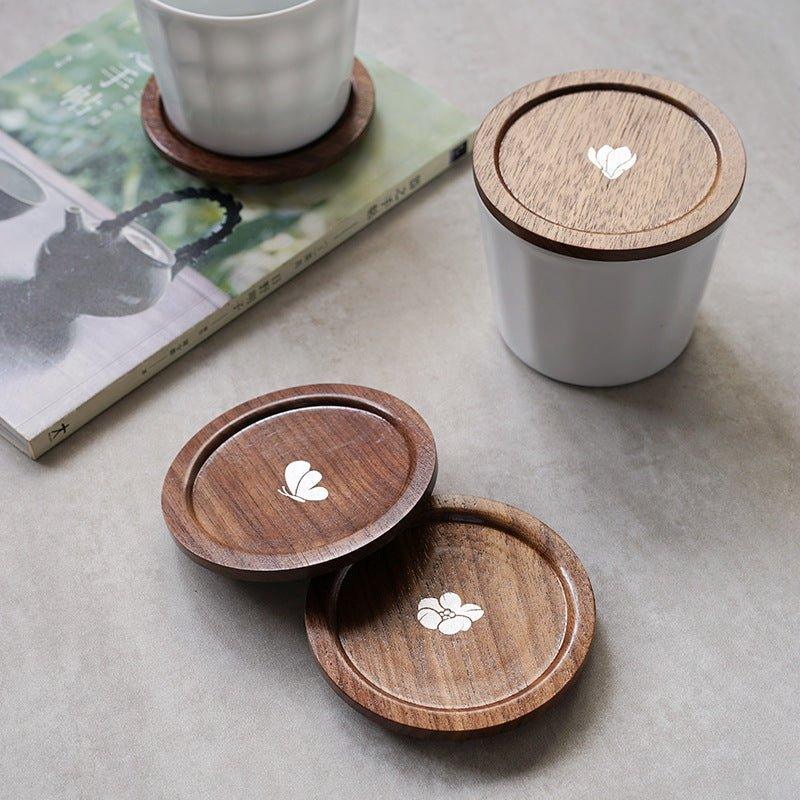 Japanese Walnut Wood Tea Cup Lid – Plum Butterfly Orchid Bird