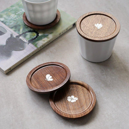 Japanese Walnut Wood Tea Cup Lid – Plum Butterfly Orchid Bird