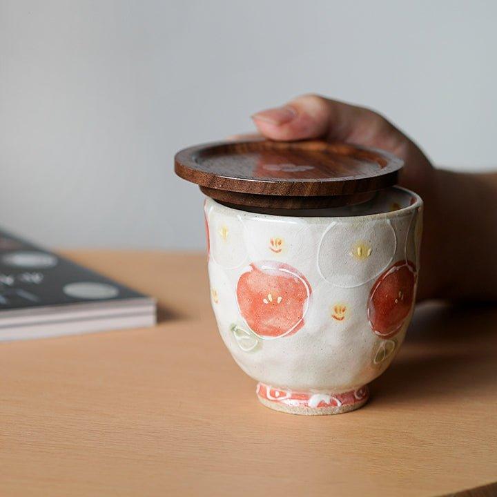 Japanese Walnut Wood Tea Cup Lid – Plum Butterfly Orchid Bird