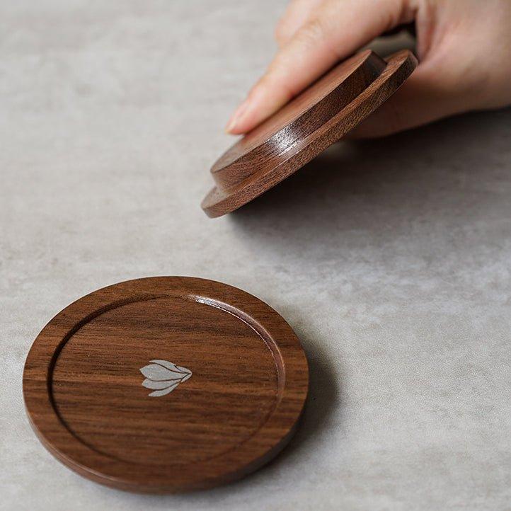 Japanese Walnut Wood Tea Cup Lid – Plum Butterfly Orchid Bird