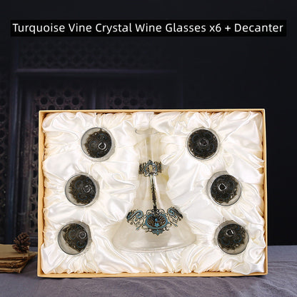 Crystal Wine Glass Set with Decanter – Turquoise Vine Design