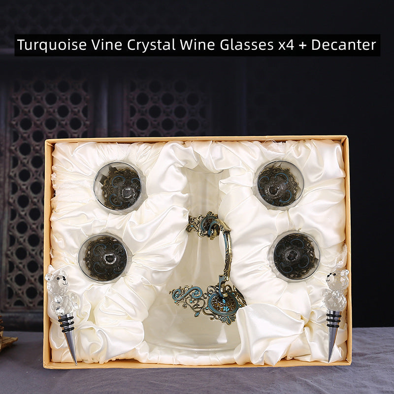 Crystal Wine Glass Set with Decanter – Turquoise Vine Design