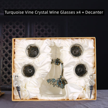 Crystal Wine Glass Set with Decanter – Turquoise Vine Design