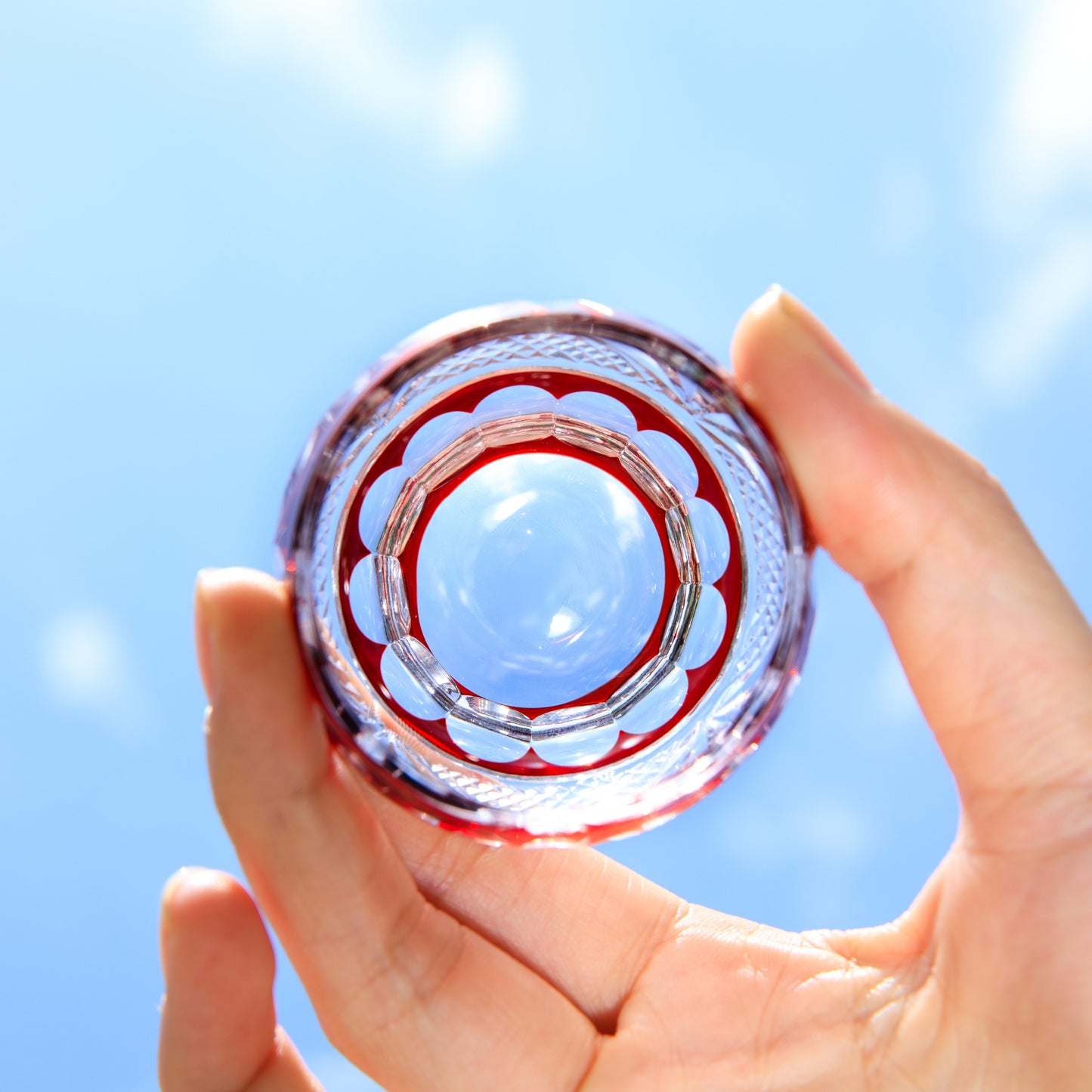 Sake Cup Edo Kiriko Akebono Guinomi Collection – Hand-Cut Crimson Japanese Sake Glass with Wooden Box | 4 Patterns