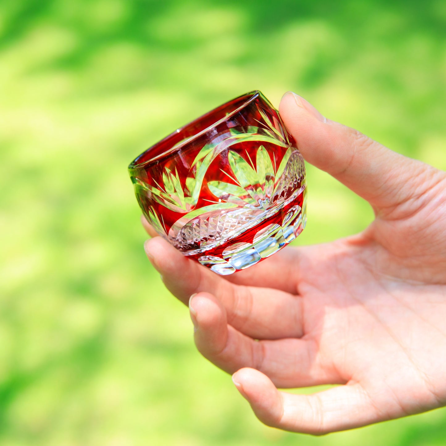Sake Cup Edo Kiriko Akebono Guinomi Collection – Hand-Cut Crimson Japanese Sake Glass with Wooden Box | 4 Patterns