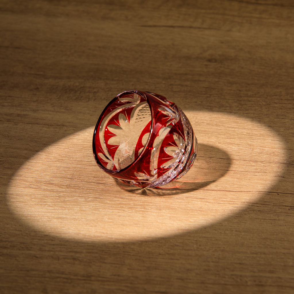 Sake Cup Edo Kiriko Akebono Guinomi Collection – Hand-Cut Crimson Japanese Sake Glass with Wooden Box | 4 Patterns