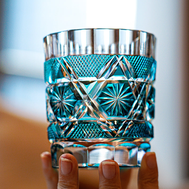 Cut Crystal Whiskey Glass Edo Kiriko Kiku Suji Chrysanthemum | Japanese Artisan Turquoise Glassware