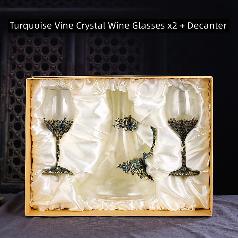 Crystal Wine Glass Set with Decanter – Turquoise Vine Design