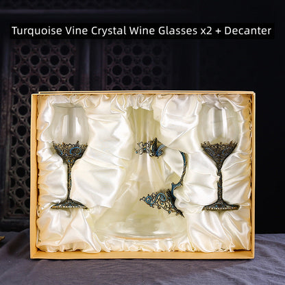 Crystal Wine Glass Set with Decanter – Turquoise Vine Design