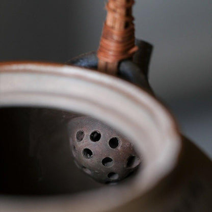 Ceramic Kettle Ball Shape Rattan Handle Handcrafted Tea Boiler