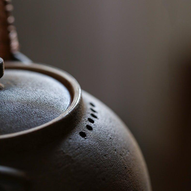 Ceramic Kettle Ball Shape Rattan Handle Handcrafted Tea Boiler