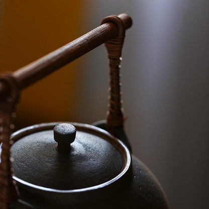 Ceramic Kettle Ball Shape Rattan Handle Handcrafted Tea Boiler