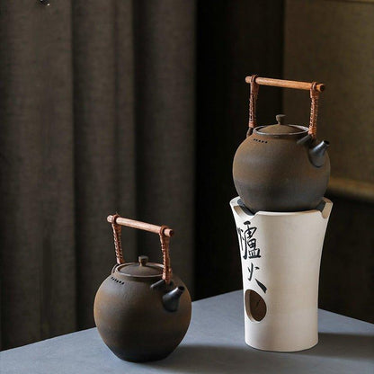 Ceramic Kettle Ball Shape Rattan Handle Handcrafted Tea Boiler