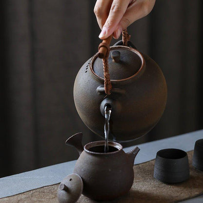 Ceramic Kettle Ball Shape Rattan Handle Handcrafted Tea Boiler