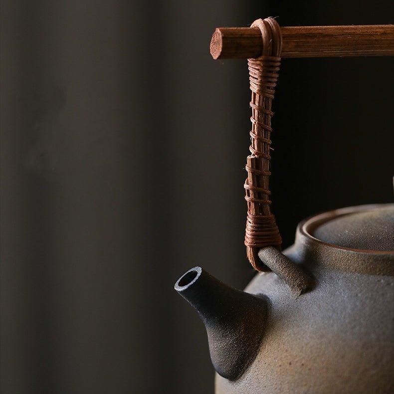 Ceramic Kettle Ball Shape Rattan Handle Handcrafted Tea Boiler