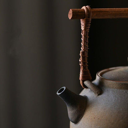 Ceramic Kettle Ball Shape Rattan Handle Handcrafted Tea Boiler