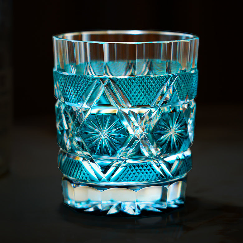 Cut Crystal Whiskey Glass Edo Kiriko Kiku Suji Chrysanthemum | Japanese Artisan Turquoise Glassware