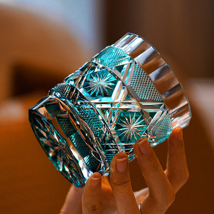 Cut Crystal Whiskey Glass Edo Kiriko Kiku Suji Chrysanthemum | Japanese Artisan Turquoise Glassware