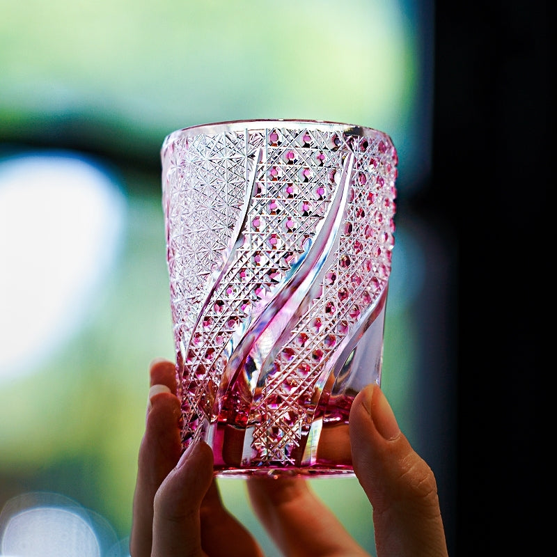 Handcrafted Whiskey Glass Rose Koi | Edo Kiriko Pink Koi Fish Crystal