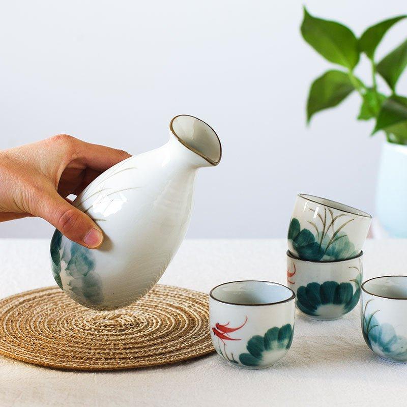 Ceramic Sake Set Japanese Handcrafted Goldfish Design with Sake Bottle and 4 Cups Gift Box