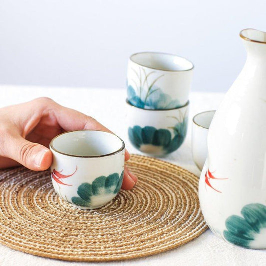 Ceramic Sake Set Japanese Handcrafted Goldfish Design with Sake Bottle and 4 Cups Gift Box